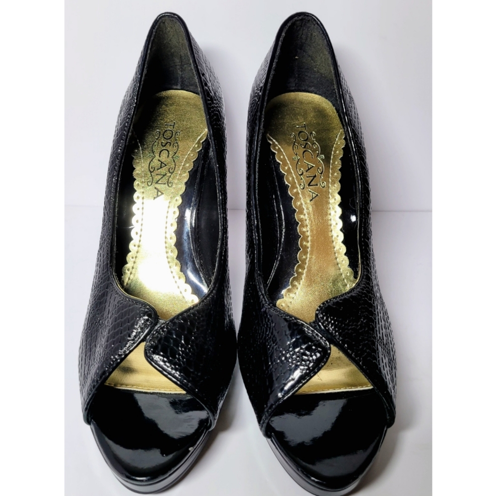 Toscana Faux Leather Snakeskin Platform High Heel Shoes 7M Black Open Toe Career
